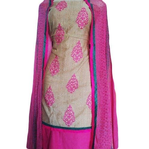 Indian Pink And Golden Color Printed Silk Ladies Stylish Suit Salwar With Cotton Fabric