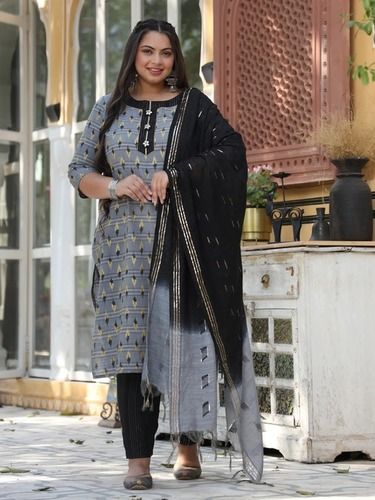 Breathable Women Grey And Black Self Weave Gota Embroidery Kurta With Pants And Chanderi Dupatta