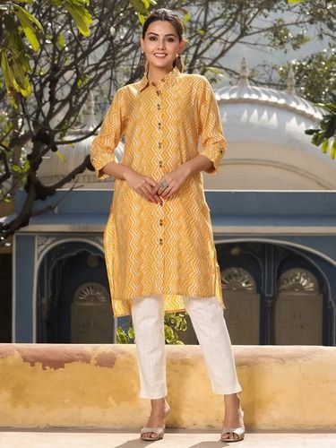 Breathable Women Hand Embroidered Mustard Yellow Chanderi Silk Printed Shirt Collar Kurta