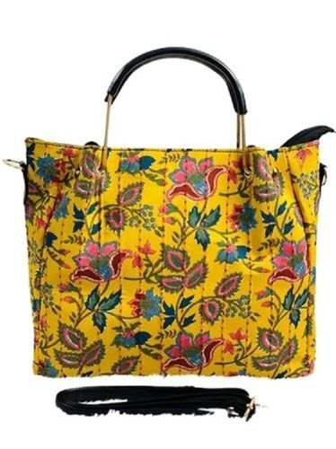 Yellow Color Flower Printed Pattern Ladies Floral Design Pure Cotton Hand Bags