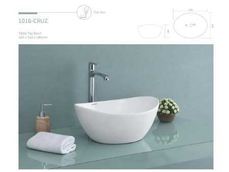 Glossy Finish White Color Table Top Wash Basin (Dimension :16 X 13 Inch ) Installation Type: Above Counter