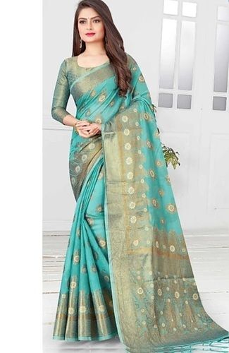golden and sky blue cotton and silk printed banarasi saree for ladies 062