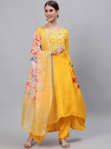 Breathable Ladies Party Wear Asymmetric Yellow Solid Embroidered Kurta With Palazzo And Dupatta