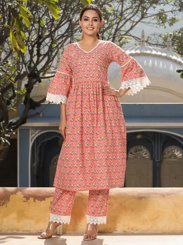 Breathable Ladies Three-Quarter Sleeves V Neck Crochet Lace Pink Cotton Printed Kurta With Palazzo