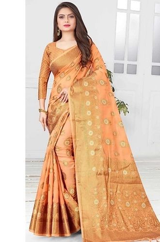 Summer Party And Casual Wear Printed Golden Cotton Silk Stylish Ladies Sarees