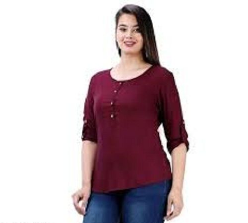 Woolen Women Cotton Work Utility Round Neck Half Sleeves Top In Maroon Color