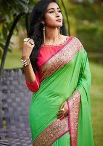 Party Wear Green And Pink Colour Designer Banarasi Silk Cotton Fabric Ladies Saree