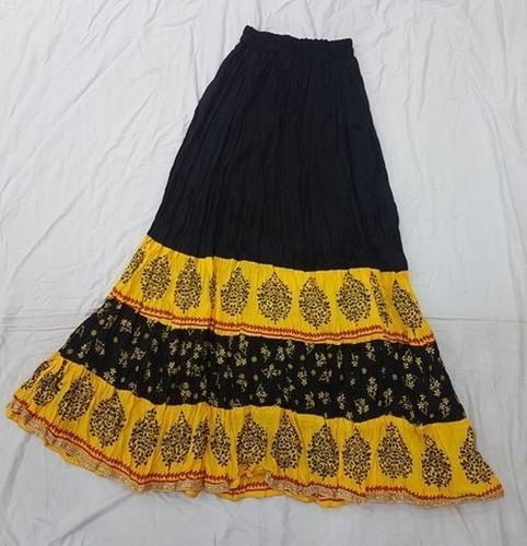 Satin Black And Yellow Printed Ladies Long Skirts(casual And Daily Wear Use)