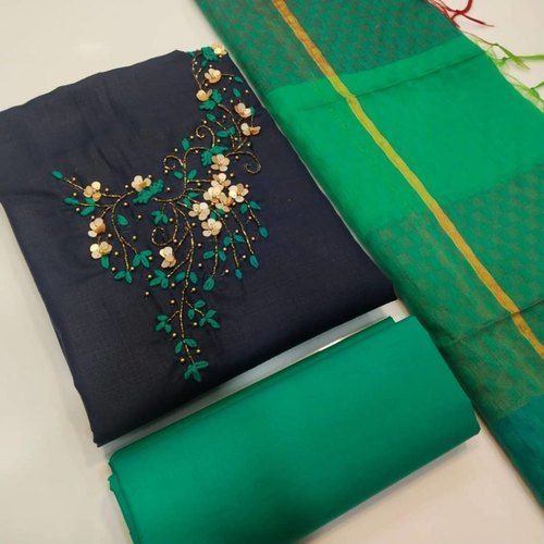 Blue And Green Colour Cotton Salwar Material With Beautiful Embroidery Design