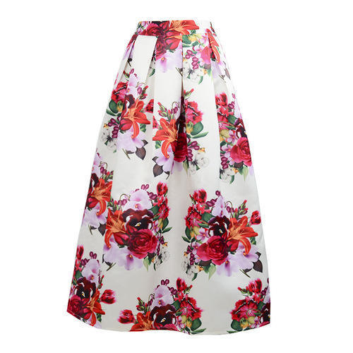 Chiffon Casual Wear Ladies White Colour Printed Skirt With Red Flower, Pink And Green Colour Flowers And Leaf All Over