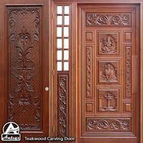 Solid Wood Designer Brown Polished Religious Theme Carved Wooden Main Door For Entry