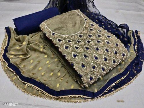 Designer Wear Golden And Dark Blue Colour Embroidered Salwar Material