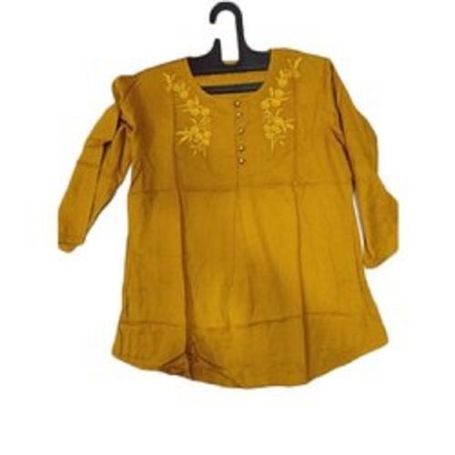 Printed Mustard Yellow Colour Round Neck Casual Ladies Cotton Fancy Top