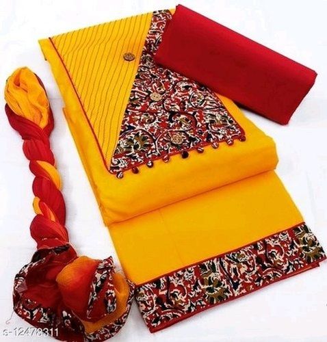 Yellow Colour Cotton Salwar Material With Red Colour Designs