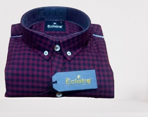 Breathable Full Sleeve Cotton Fabric Casual Wear Purple Check Mens Shirts Collar Style: Straight