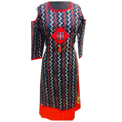 Silk Printed Pattern Red And Blue Colour Round Cut Shoulder Cotton Kurtis