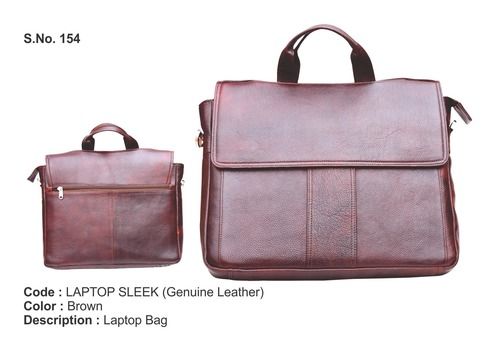 Brown Solid Genuine Leather Laptop Bag With Zippered Closure And Handle Design: Plain