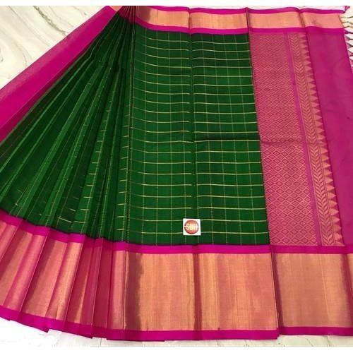 Traditional Dark Green With Pink Color Checked Pattern Silk Cotton Saree For Party Wear