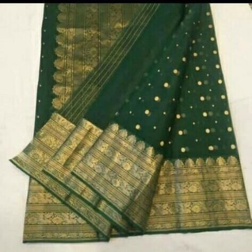 Traditional Dark Green Color Cotton Silk Saree With Golden Borders