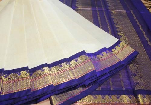 Plain White Colour Handloom Cotton Sarees With Blue Borders Or Party And Casual Wear