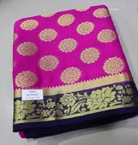 Printed Appealing Look Party Wear Pink And Golden Cotton Silk Ladies Banarasi Sarees