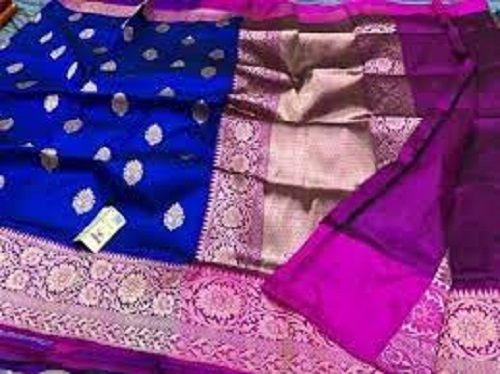 Party Wear Skin Friendliness Elegant Look Blue And Pulple Cotton Silk Printed Banarasi Ladies Sarees