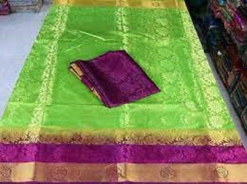 Printed Skin Friendliness Party Wear Green And Purple Cotton Silk Banarasi Sarees For Ladies