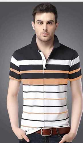 Breathable And Washable Mullticolor Pure Cotton Striped Pattern Short Sleeves Casual Wear T- Shirts For Mens