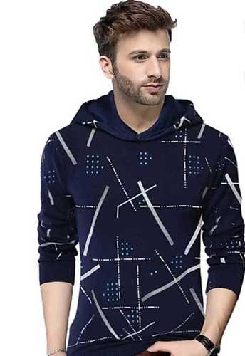 Comfortable And Washable Blue Color Full Sleeves Hoody Style Printed Mens T- Shirt