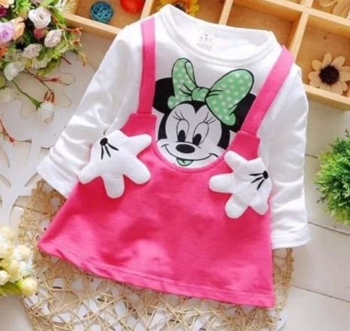 Kids Minnie Printed Pink And White Round Neck Fancy Western Wear Top And Dangri Style Skirt Age Group: 2-4 Years