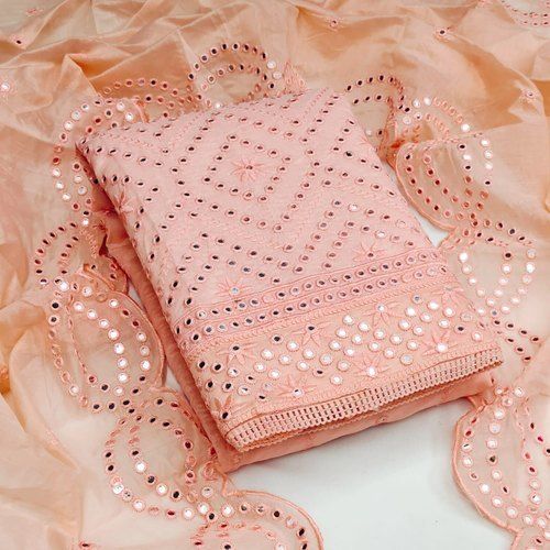 Pink Ladies Fancy Mirror Work Unstitched Suits For Party And Casual Wear