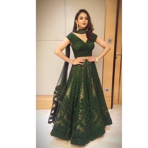 Indian Ladies Traditional Ethnic Sleeveless Dark Green Chiffon Lehenga For Partywear