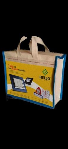 Stainless Steel Printed Creme And Yellow Zipper Top Jute Shopping Bag With Loop Handle