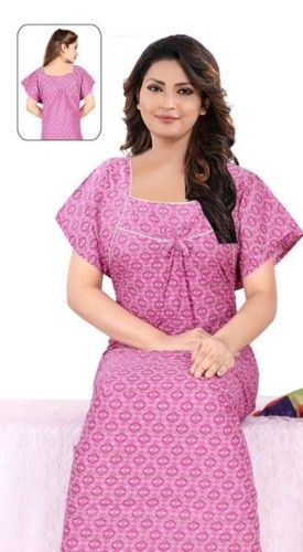 Summer Simple Cotton Round Neck Short Sleeves Ladies Printed Purple Night Gown