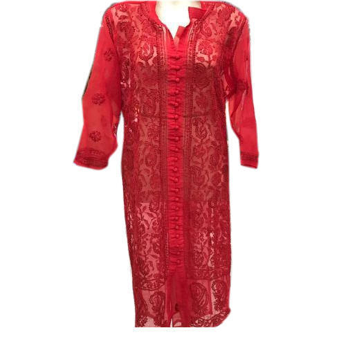 No Fade Embroidered And Full Sleeve Red Color Chiffon Kurtis For Party Wear