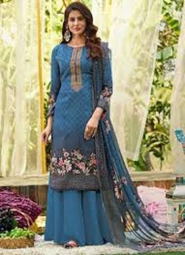 Blue Color Fancy Printed Pattern Cotton Fabric Silk Palazzo Suits For Casual Wear