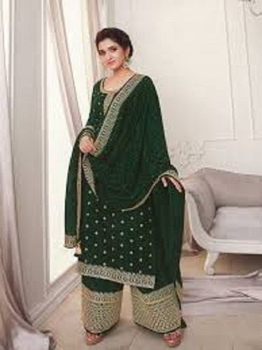 Green Color Cotton Silk 3-4Th Sleeves Style Round Neck Printed Ladies Palazzo Suit Decoration Material: Beads