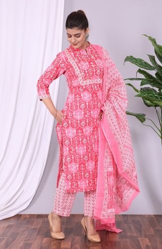 Indian Ladies Pink 3/4Th Sleeves Casual Wear Printed Cotton Stitched Suit