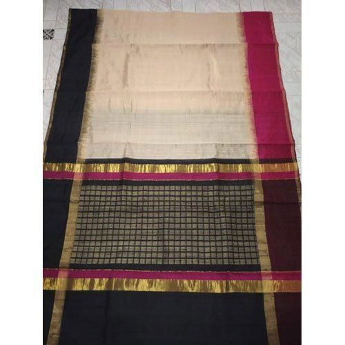 White Colour Festive Wear Banshani Silk Saree With Black, Red And Golden Colour Border And Pallu