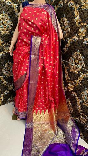 Daily Wear Ladies Designer Beautiful Pattern Red Blue Printed Cotton Silk Saree With Blouse