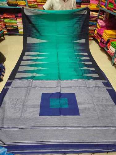 Daily Wear Ladies Designer Blue Green Plain Patch Work Cotton Silk Saree With Blouse