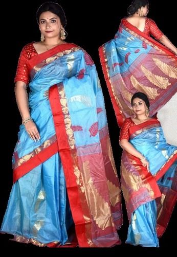 Daily Wear Ladies Designer Fashionable Trend Blue Red Printed Cotton Silk Saree With Blouse