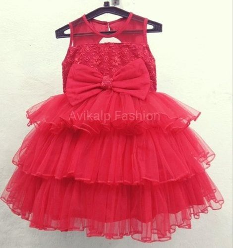 Red Womens Kids Party Wear Frock With 3 Layers Of Frills Decoration Material: Cloths