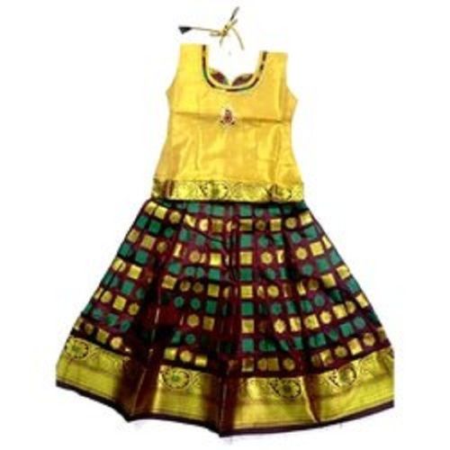 Gold And Brown Silk Kids Round Neck Golden Color Pattu Pavadai