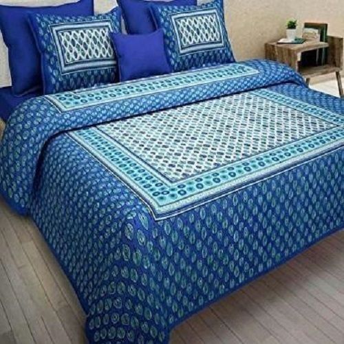  Blue And White Printed Cotton Double Bed Sheet With 2 Pillow Covers For Home, Hotel