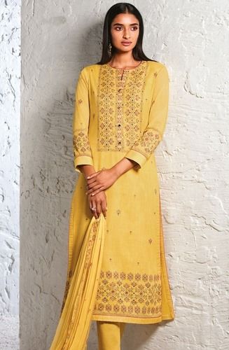 Attractive Look Yellow Printed 3/4th Sleeves Designer Stitched Suit For Ladies