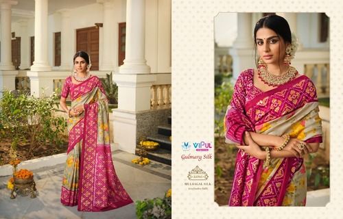 Ladies Pink And Cream Traditional Gulmarg Printed Silk Sarees With Blouse