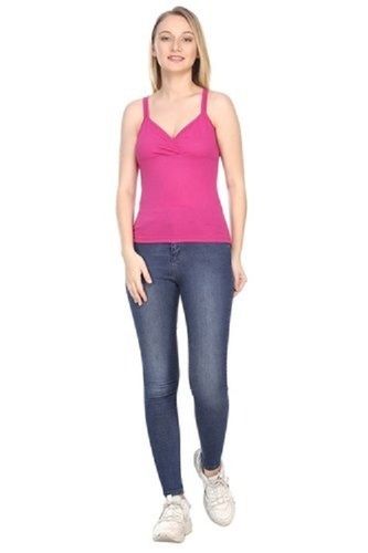 Resistance Against Shrinkage Slim Fit Womens Baby Pink Cotton Lycra Tank Top