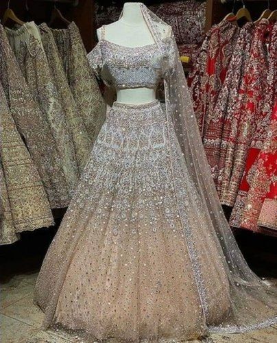 No Fade Short Sleeve And Embroidered Silver Color Wedding Wear Designer Lehenga