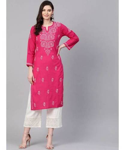 Tear Resistance Pink And White Printed 3/4Th Sleeves Designer Palazzo Suit For Ladies Decoration Material: Cloths